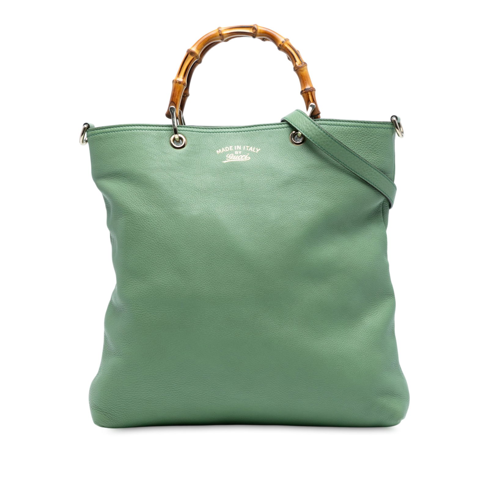 Gucci Green Tall Leather Bamboo Shopper Tote with Bamboo Handles: Gucci Green Tall Leather Bamboo Shopper Tote with Bamboo Handles Elevate your accessory game with the Gucci Tall Leather Bamboo Shopper Tote. Crafted from high-quality leather, this stylish satchel sh