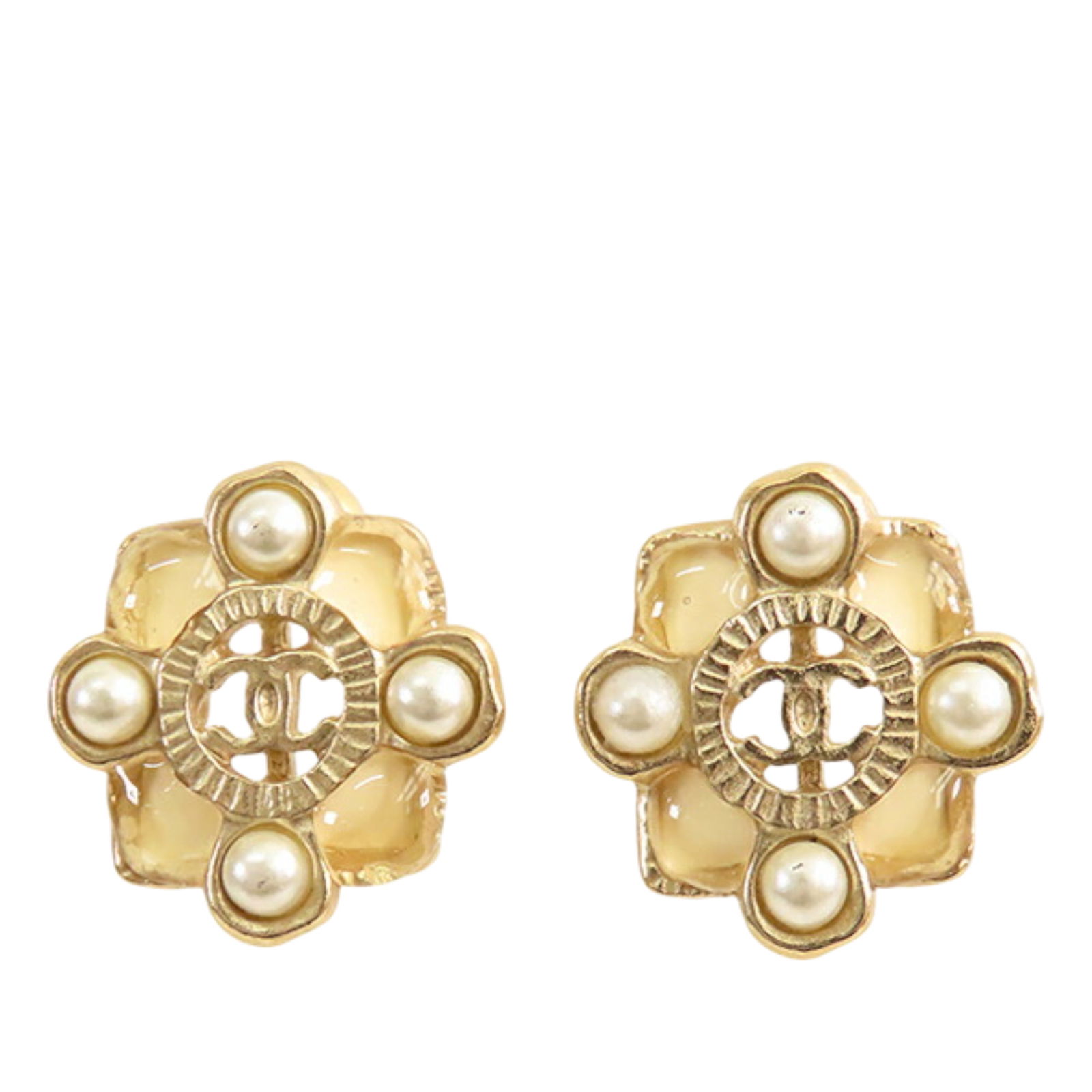 Chanel CC Gold Plated Resin Faux Pearl Earrings Push Back: Chanel CC Gold Plated Resin Faux Pearl Earrings Push Back Elevate your accessory game with these stunning Chanel push back earrings. Crafted with gold plated metal, they showcase elegant faux pearls a