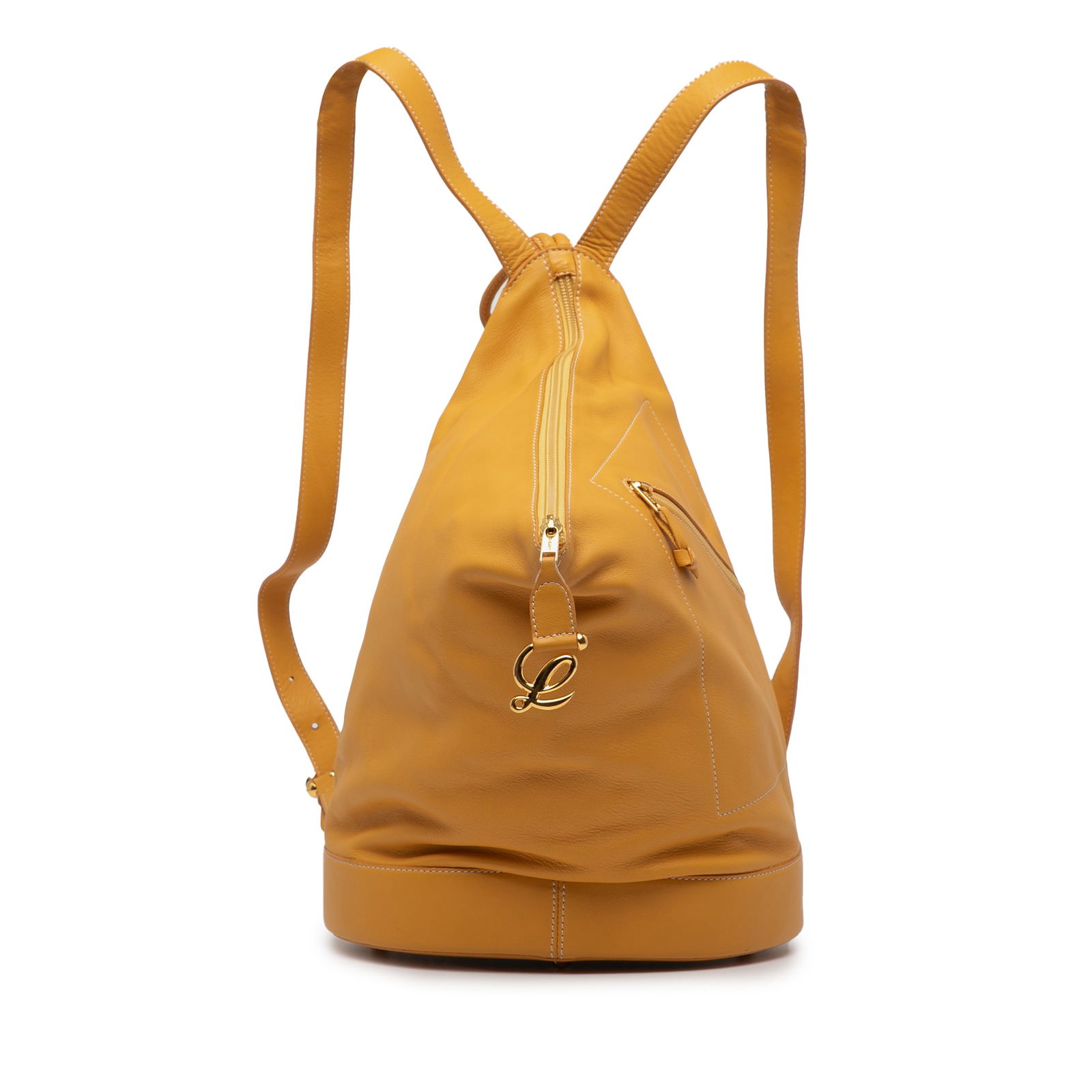 LOEWE Yellow Leather Anton Backpack with Zip Pocket: LOEWE Yellow Leather Anton Backpack with Zip Pocket The LOEWE Leather Anton Backpack is a stylish and functional accessory made from premium leather. This backpack showcases a vibrant yellow color and