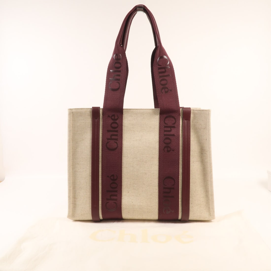 Chloe Woody Medium Tote Bag Linen Leather Beige Burgundy - 13