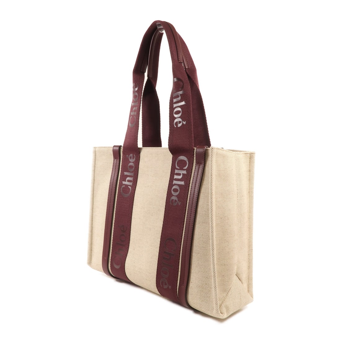 Chloe Woody Medium Tote Bag Linen Leather Beige Burgundy - 3