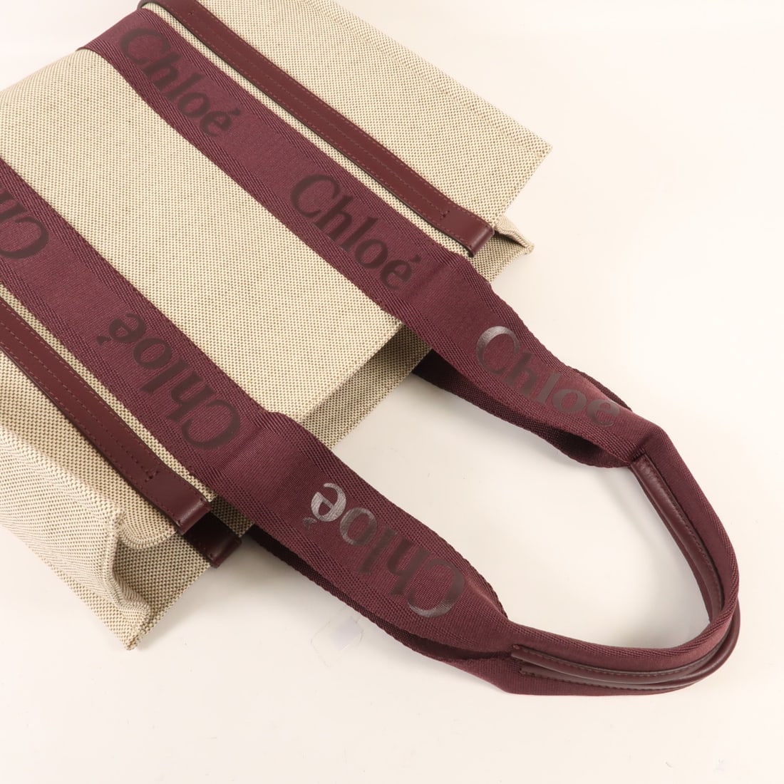 Chloe Woody Medium Tote Bag Linen Leather Beige Burgundy - 5