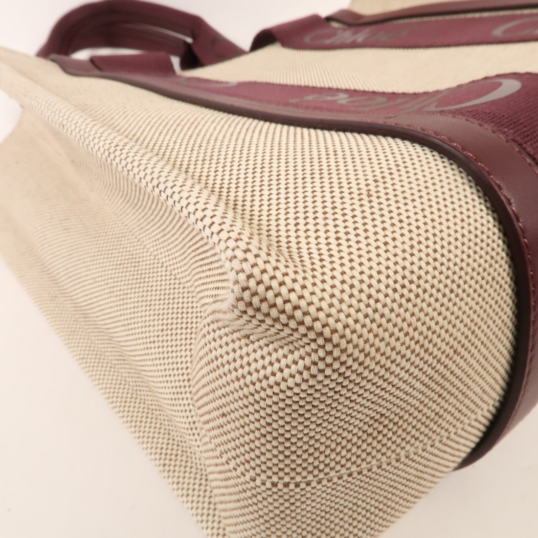 Chloe Woody Medium Tote Bag Linen Leather Beige Burgundy - 6