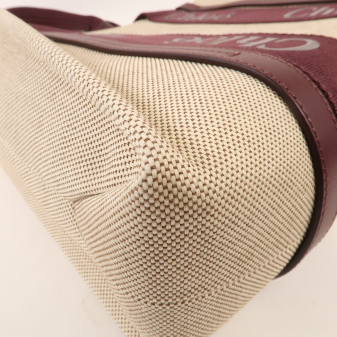 Chloe Woody Medium Tote Bag Linen Leather Beige Burgundy - 8