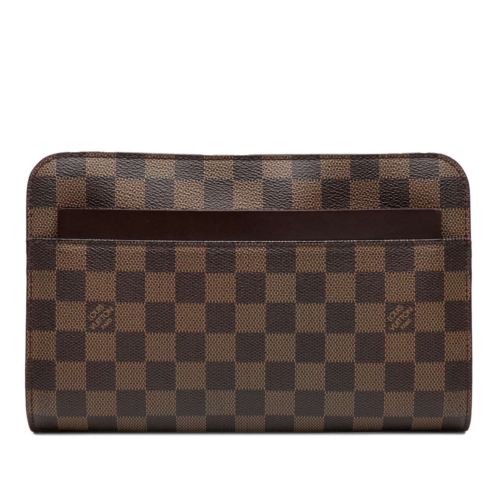 Louis Vuitton Damier Ebene Saint Louis Pochette Bag: Louis Vuitton Damier Ebene Saint Louis Pochette Bag The Louis Vuitton Damier Ebene Saint Louis Pochette is a stylish bag crafted from durable damier ebene canvas with leather trim. It features a flat