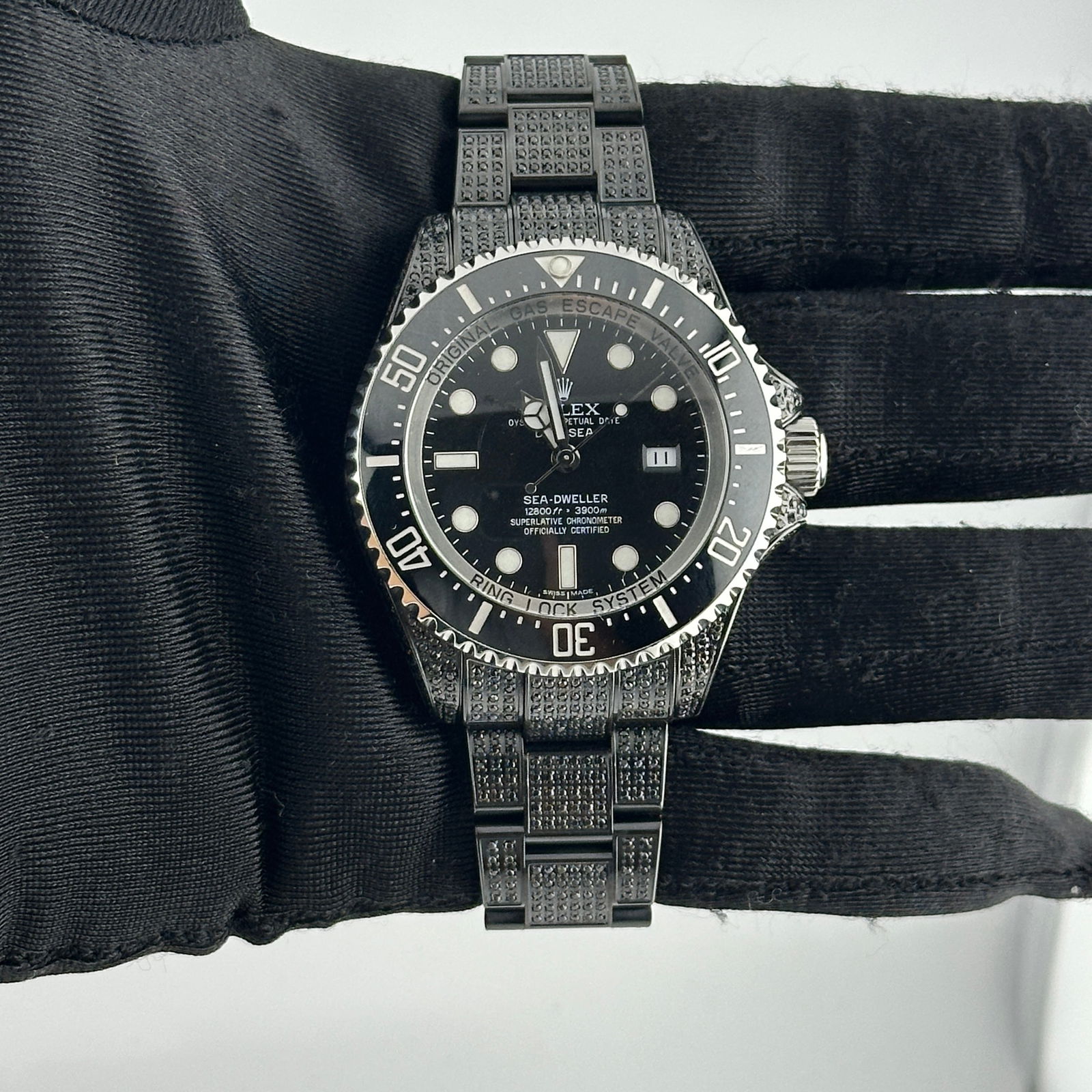 Rolex Deepsea 116660 Black Dial Diamonds on OG Oyster Bracelet: Rolex Deepsea 116660 Black Dial Diamonds on OG Oyster Bracelet Introducing the Rolex Deepsea, a remarkable timepiece designed for men who appreciate both luxury and functionality. This watch features