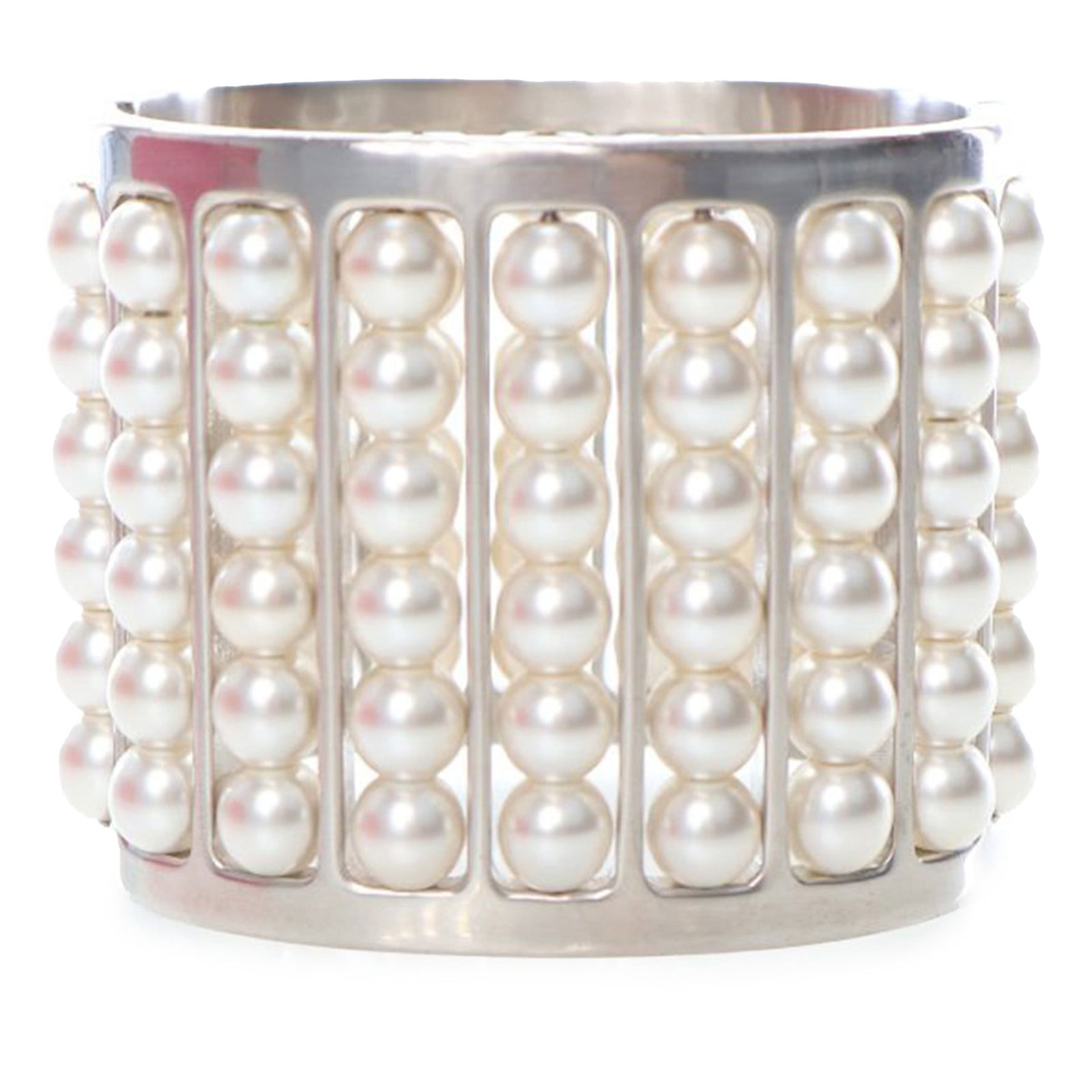 Chanel Silver Plated Faux Pearl Cuff Bracelet: Chanel Silver Plated Faux Pearl Cuff Bracelet This stunning cuff bracelet showcases a silver plated body adorned with elegant faux pearl embellishments, providing a chic touch to any outfit. The brace