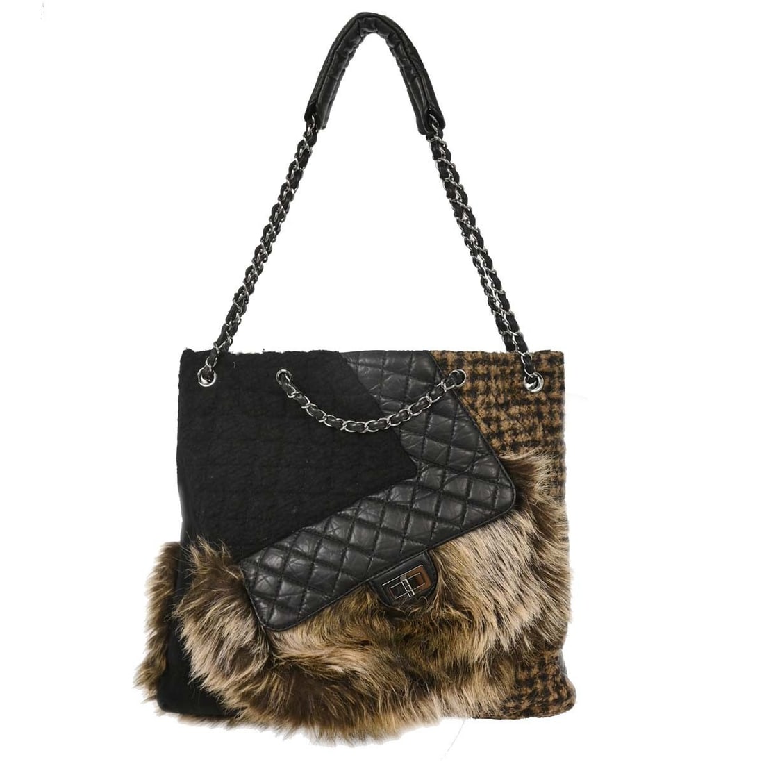 Chanel Black Calfskin Tweed Mademoiselle Lock Shoulder Bag Large: Chanel Black Calfskin Tweed Mademoiselle Lock Shoulder Bag Large This elegant Chanel shoulder bag is crafted from luxurious black calfskin and fur suede tweed, making it a stylish addition for casual