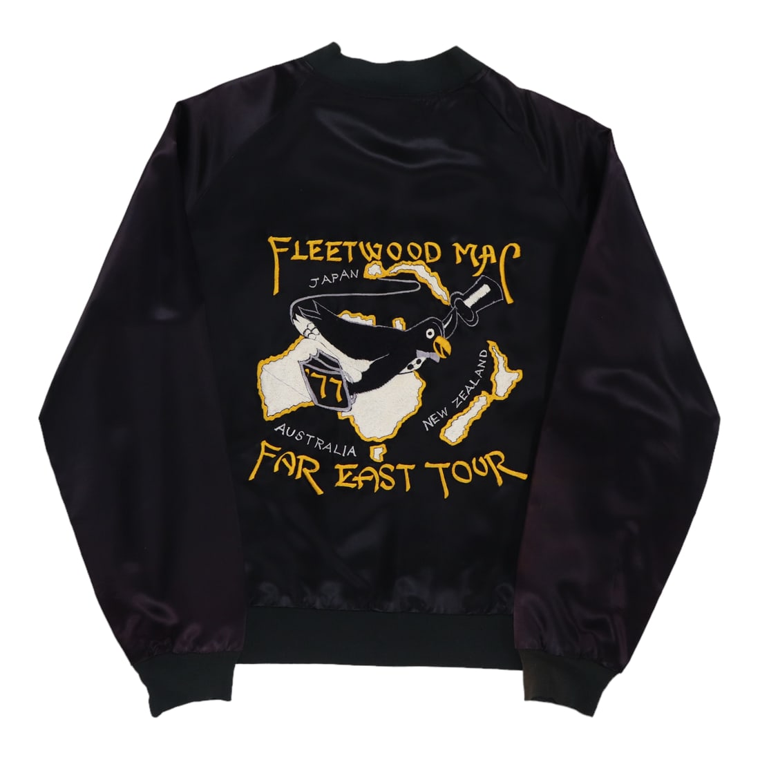 1977 Fleetwood Mac Far East Crew Satin Jacket Black Vintage: 1977 Fleetwood Mac Far East Crew Satin Jacket Black Vintage This original vintage 1977 Fleetwood Mac Far East Crew Tour Jacket is a must-have for any music memorabilia collector. This authentic piece