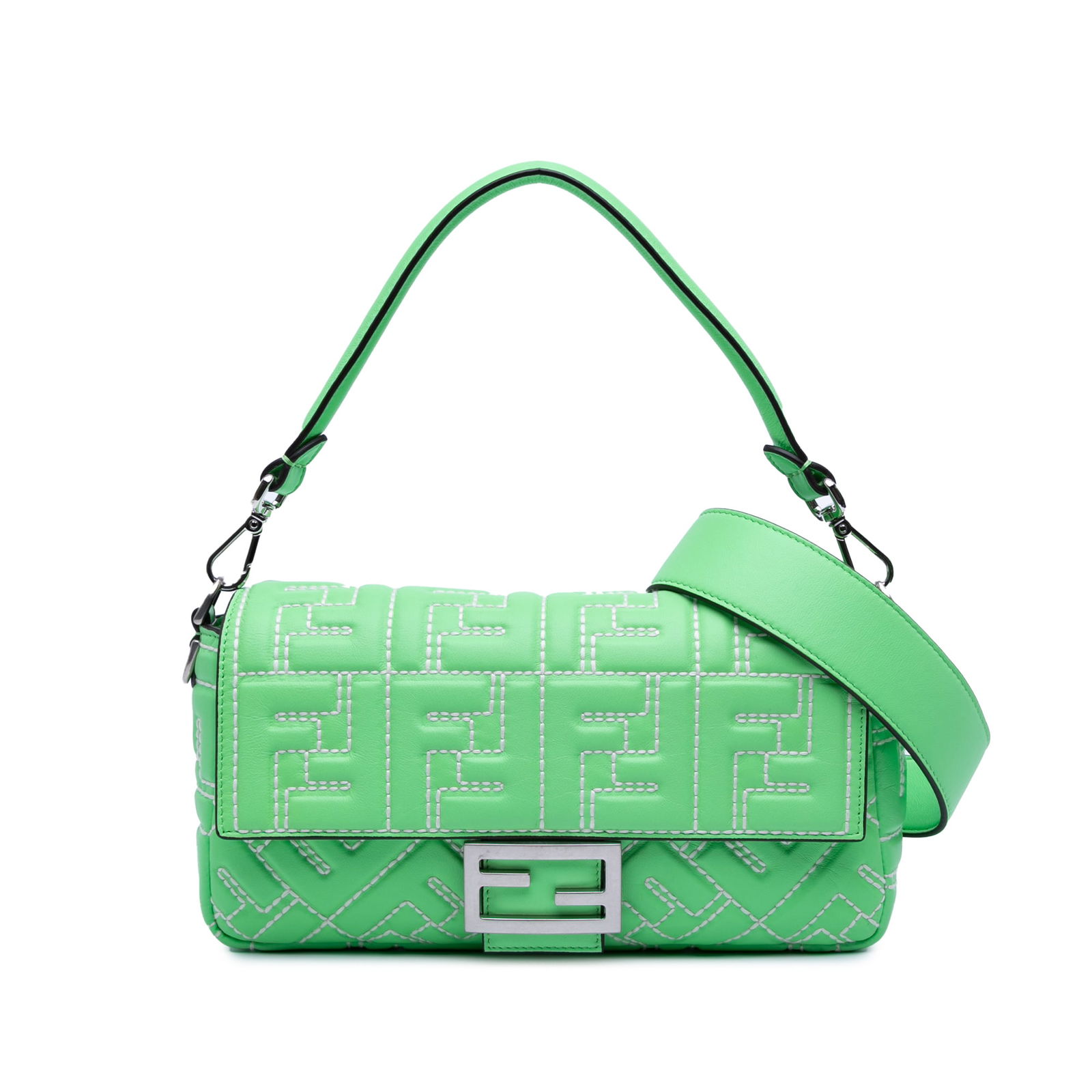 Fendi Green Zucca Embossed Leather Baguette Satchel with Detachable Strap: Fendi Green Zucca Embossed Leather Baguette Satchel with Detachable Strap This Fendi Zucca Embossed Stitched Leather Baguette Satchel combines elegance with practicality. Crafted from embossed leather