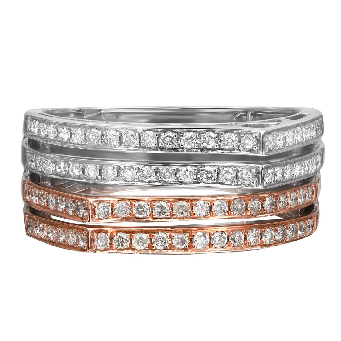 Rachel Koen 14K Two-Tone Diamond Multi-Row Band Ring 0.56ctw Size 7.5: Rachel Koen 14K Two-Tone Diamond Multi-Row Band Ring 0.56ctw Size 7.5 This stunning two-tone diamond multi-row band ring is crafted from luxurious 14K white and rose gold. Featuring a total carat