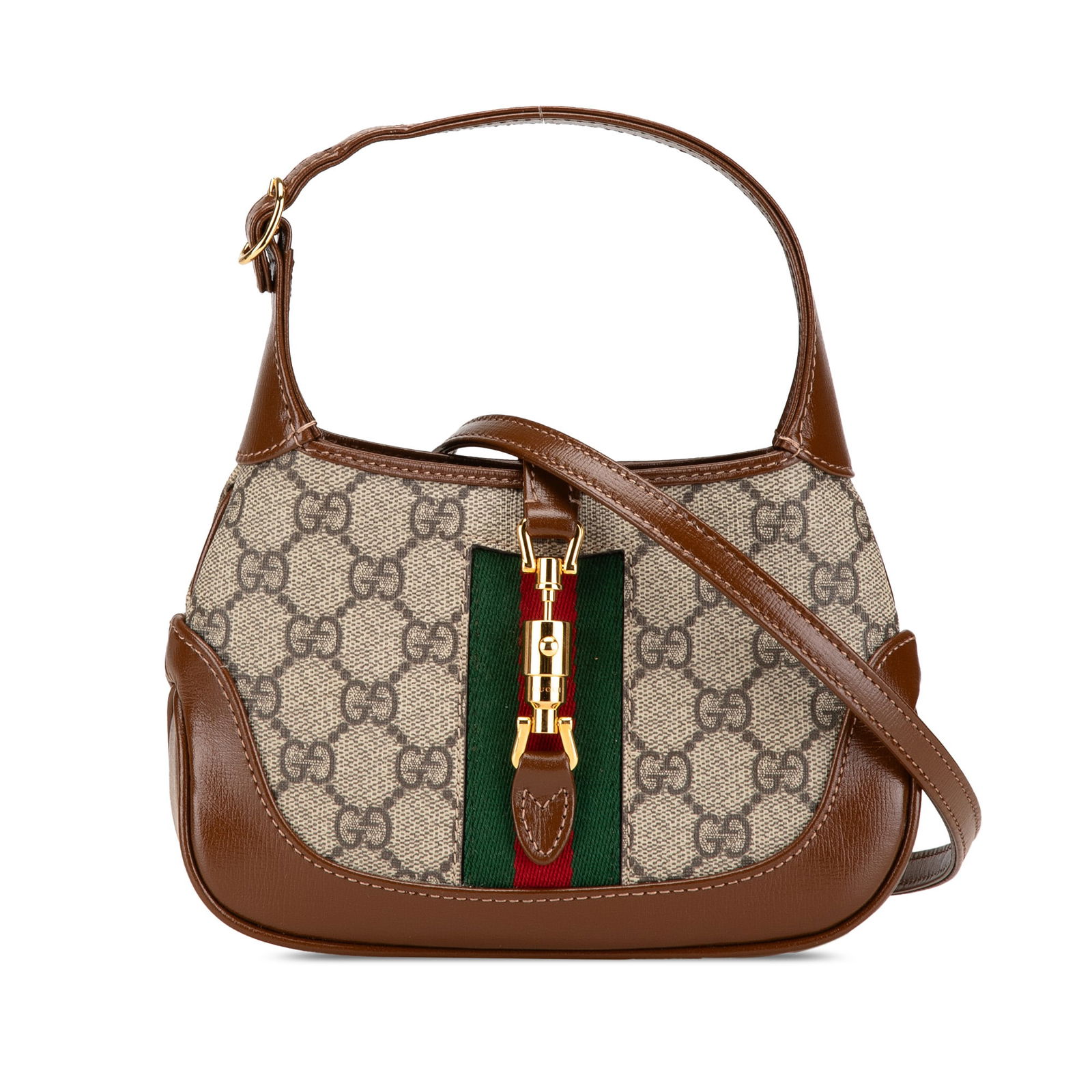 Gucci Mini GG Supreme Jackie 1961 Crossbody Bag Brown Coated Canvas: Gucci Mini GG Supreme Jackie 1961 Crossbody Bag Brown Coated Canvas The Gucci Mini GG Supreme Jackie 1961 Crossbody is a stylish and functional bag crafted from coated canvas with leather trim and web