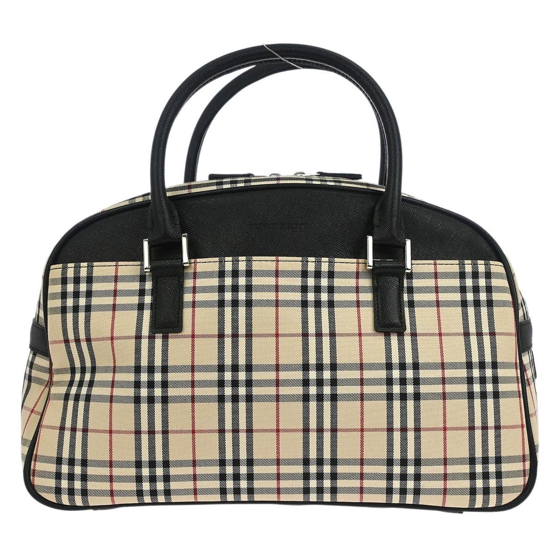 Burberry Check Beige Canvas Top Handle Handbag with Black Leather Straps: Burberry Check Beige Canvas Top Handle Handbag with Black Leather Straps Elevate your style with this Burberry Beige Canvas Check Handbag, designed for casual occasions. This medium-sized top handle b