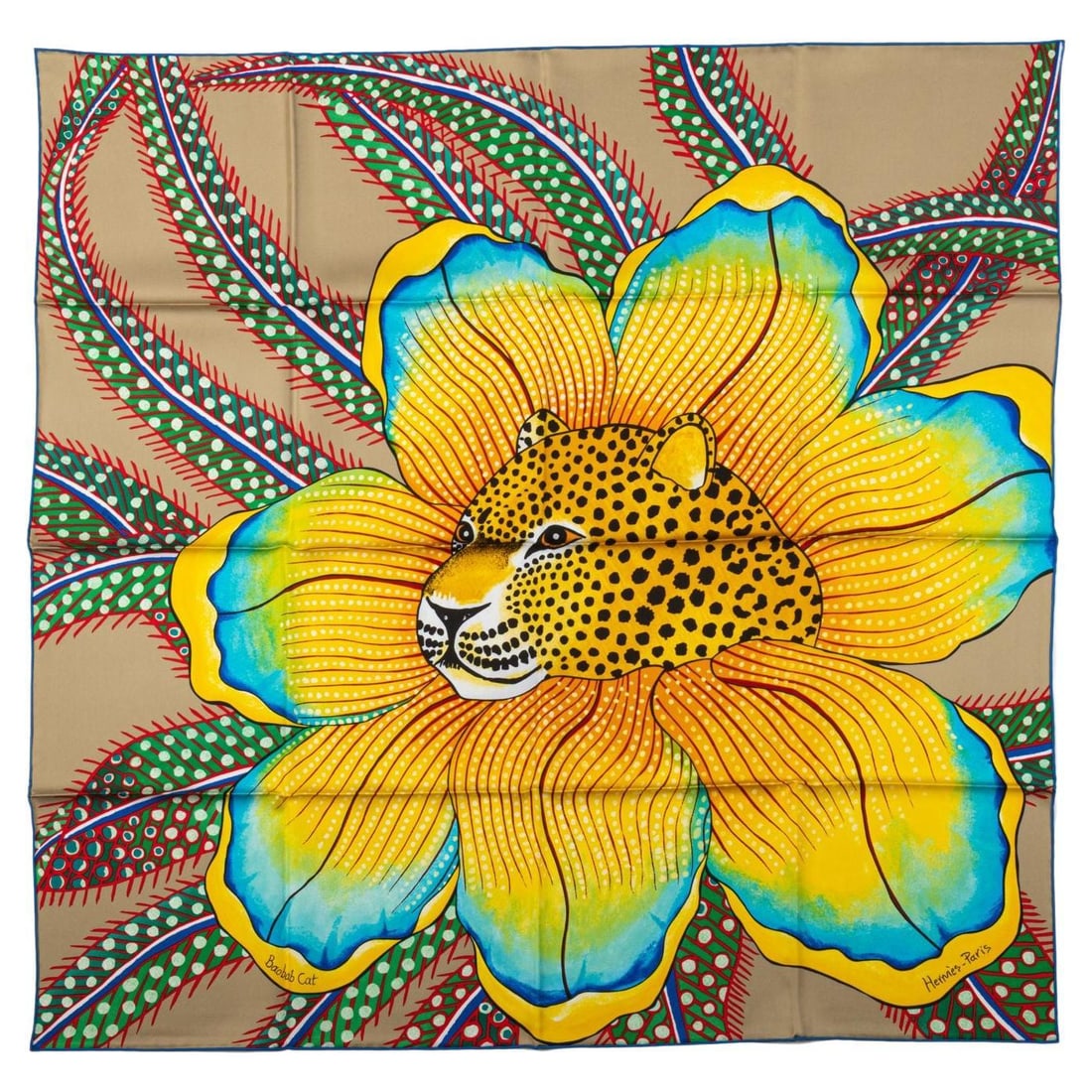 Hermes Baobab Silk Scarf Taupe Yellow 35in Collectible France (1 of 7)