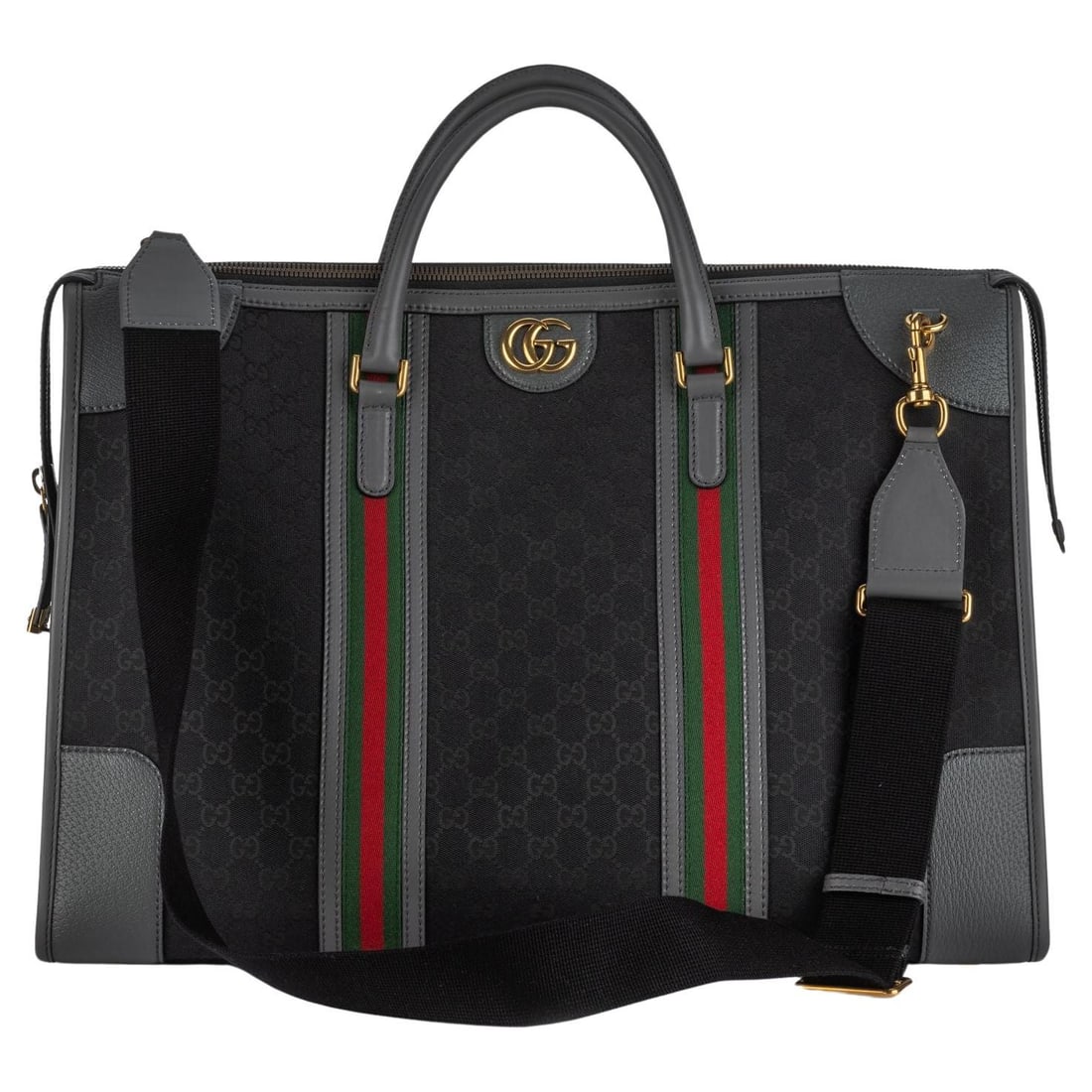 Gucci Bauletto GG Monogram XL Duffle Bag with Gold-tone Hardware: Gucci Bauletto GG Monogram XL Duffle Bag with Gold-tone Hardware Introducing the Gucci Bauletto GG Monogram XL Duffle Bag, a stylish and functional weekender bag crafted from luxurious black GG canvas