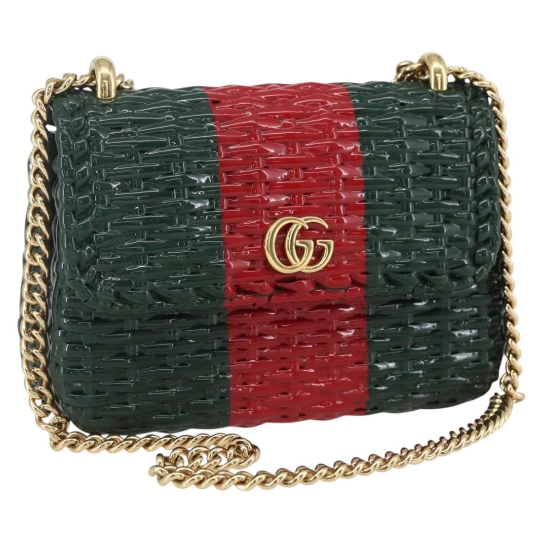 GUCCI Wicker Chain Sherry Line Shoulder Bag Wood Red Green 524829 Auth: GUCCI Wicker Chain Sherry Line Shoulder Bag Wood Red Green 524829 Auth This GUCCI Wicker Chain Web Sherry Line Bag showcases a unique blend of craftsmanship and style. Made in Italy, this shoulder bag
