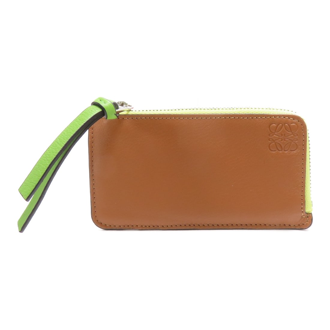 LOEWE Calfskin Leather Card Case Pink Yellow Brown: LOEWE Calfskin Leather Card Case Pink Yellow Brown This elegant LOEWE card case is crafted from premium calfskin leather, showcasing a beautiful blend of pink, yellow, and brown hues. It features a sl