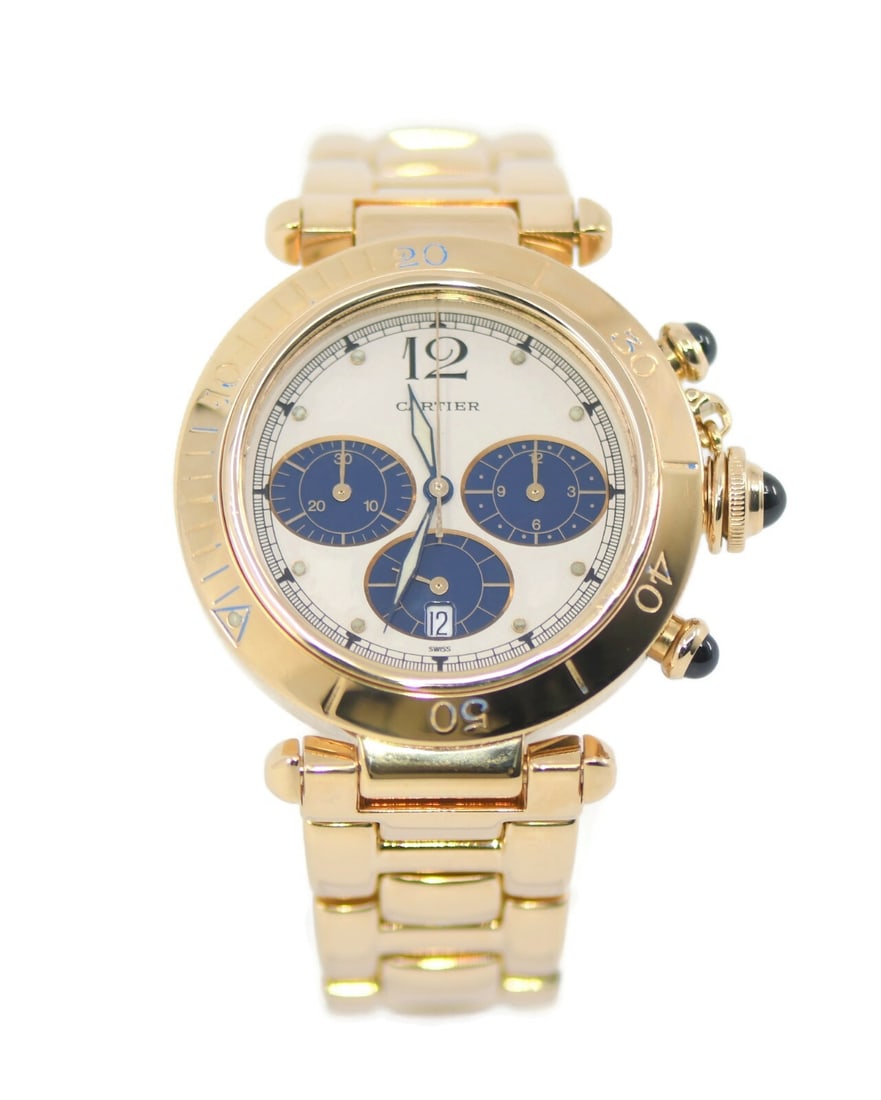 Cartier Pasha Chronograph 18K Yellow Gold Watch 30009 with Box and Papers: Cartier Pasha Chronograph 18K Yellow Gold Watch 30009 with Box and Papers This exquisite Cartier Pasha Chronograph wristwatch is crafted from luxurious 18K yellow gold, featuring a striking silver dia