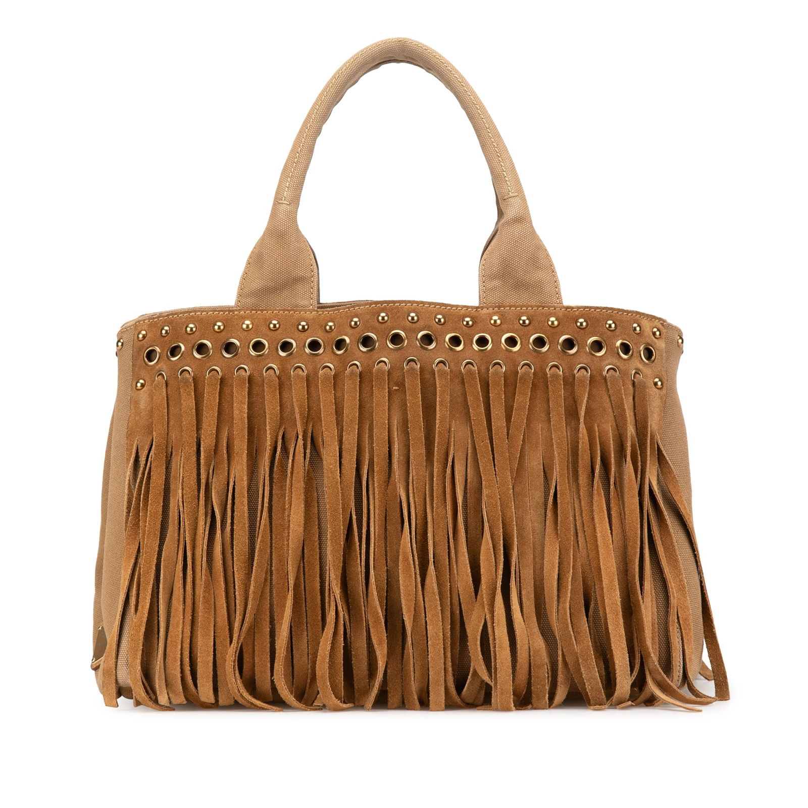 Prada Canvas Canapa Fringe Satchel with Suede Details: Prada Canvas Canapa Fringe Satchel with Suede Details Introducing the Prada Canvas Canapa Fringe Satchel, a stylish and functional accessory crafted from durable canvas and adorned with luxurious sued