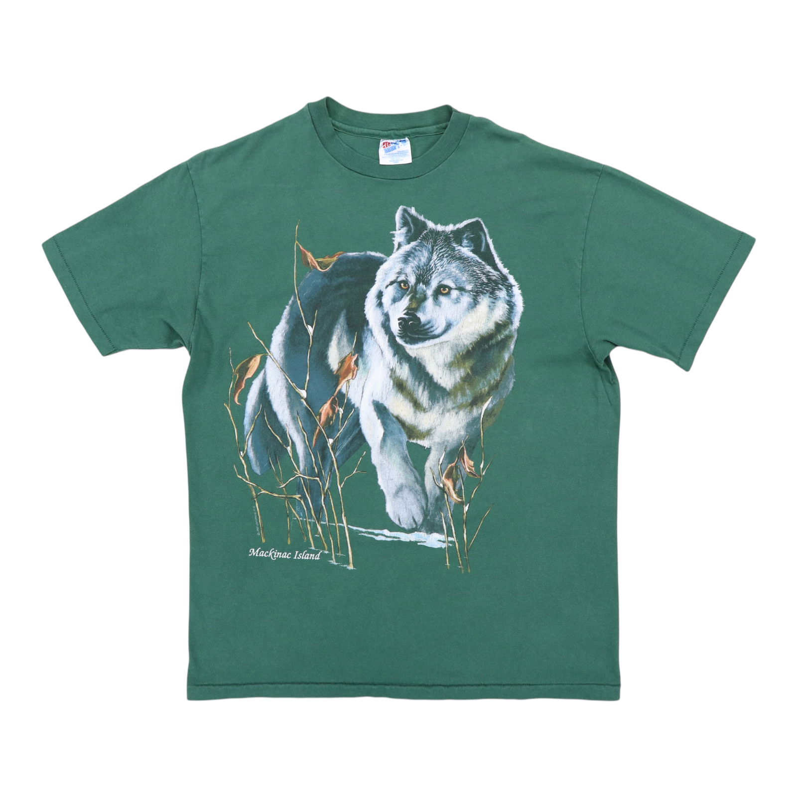 Vintage 1990s Wolf Mackinac Island Shirt Green Cotton: Vintage 1990s Wolf Mackinac Island Shirt Green Cotton Step back into the 1990s with this original vintage Wolf Mackinac Island Shirt. This authentic piece showcases a rich green hue and is crafted