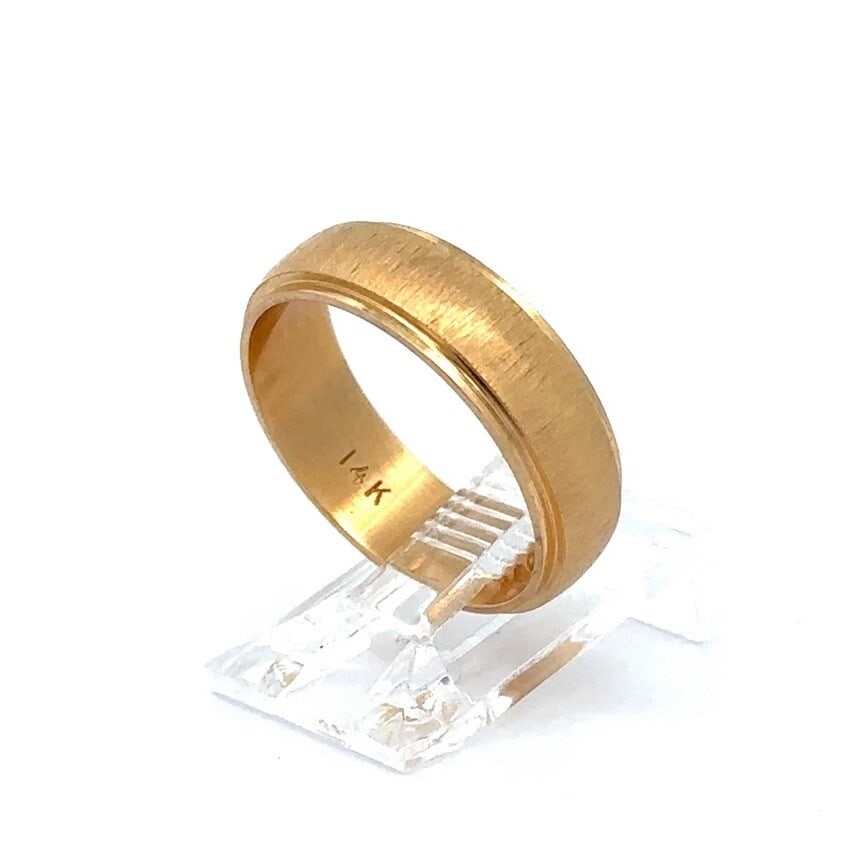 14k Yellow Gold 6mm Stackable Wedding Band Ring: 14k Yellow Gold 6mm Stackable Wedding Band Ring This exquisite 14k Yellow Gold wedding band features a stylish 6mm brushed finish complemented by polished edges, making it a perfect choice for stackin