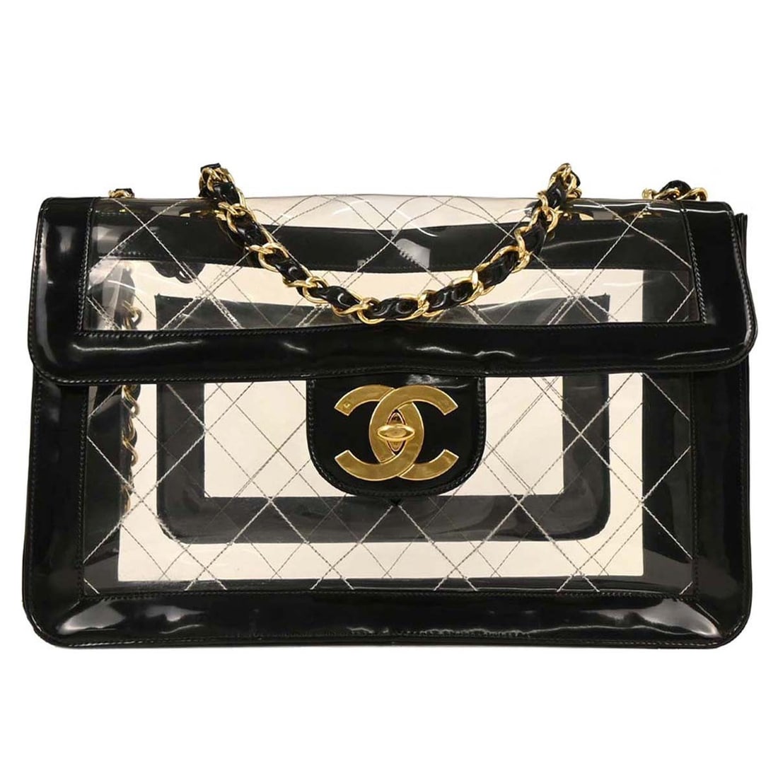 Chanel Black PVC Maxi Classic Flap Shoulder Bag Double Chain: Chanel Black PVC Maxi Classic Flap Shoulder Bag Double Chain This Chanel Black PVC Maxi Classic Flap Shoulder Bag combines timeless elegance with modern functionality. Featuring a striking matelasse p