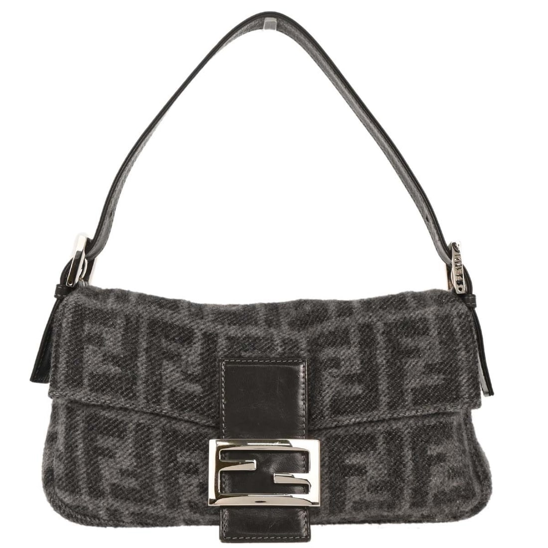 Fendi Gray Wool Baguette Handbag with Silver Hardware: Fendi Gray Wool Baguette Handbag with Silver Hardware This stylish Fendi Baguette Handbag is crafted from high-quality gray wool, making it a chic addition to any casual outfit. The bag features a mag