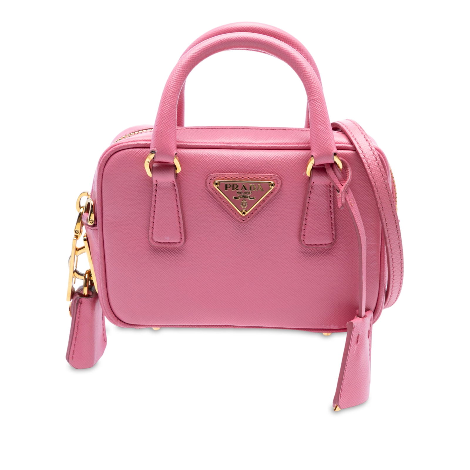 Prada Mini Saffiano Lux Bauletto Bag Pink Leather Shoulder Bag: Prada Mini Saffiano Lux Bauletto Bag Pink Leather Shoulder Bag The Prada Mini Saffiano Lux Bauletto Bag is a stylish accessory crafted from high-quality saffiano leather, featuring a pink hue that add