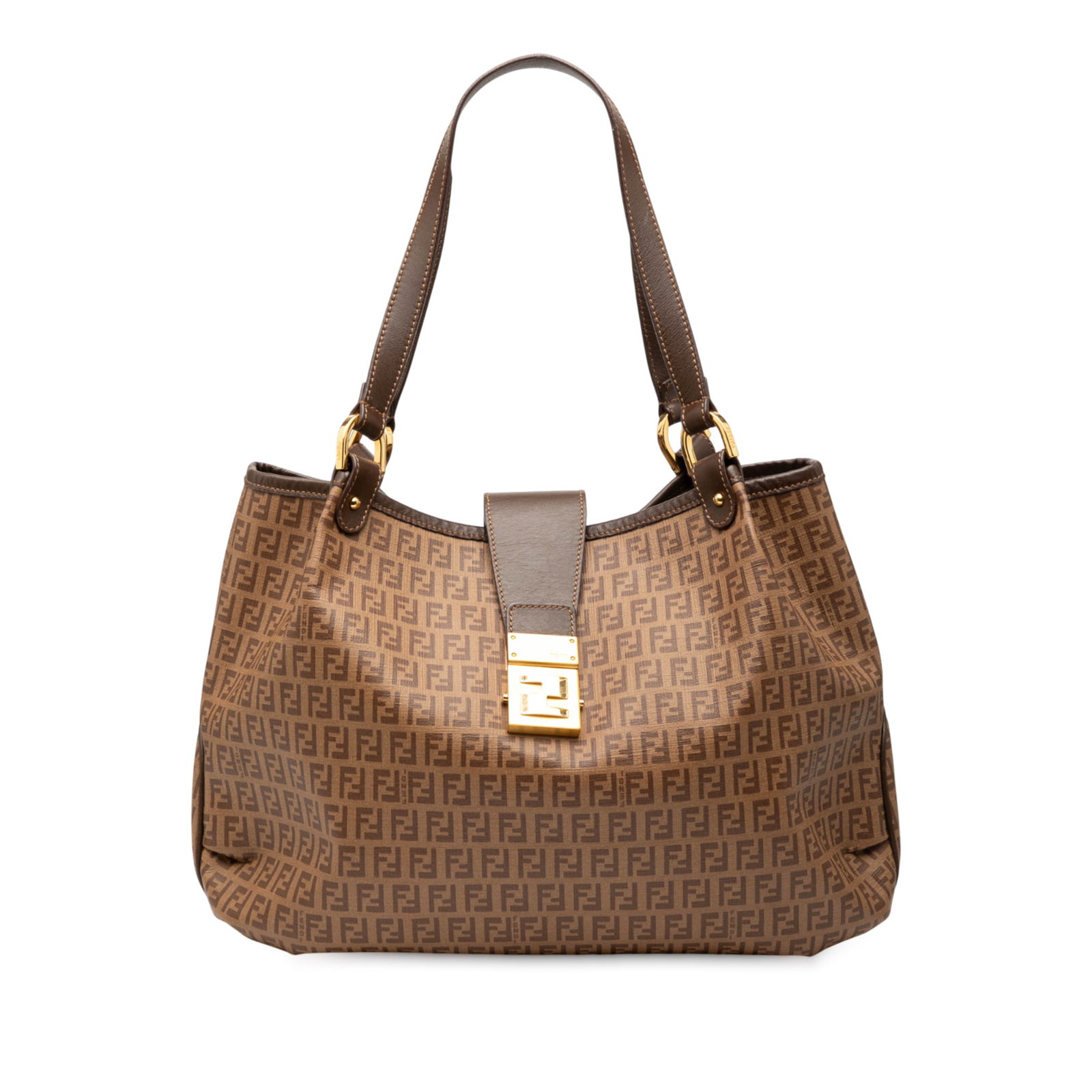 Fendi Zucchino Spalmati Chiusura Tote Coated Canvas Brown Bag: Fendi Zucchino Spalmati Chiusura Tote Coated Canvas Brown Bag Introducing the Fendi Zucchino Spalmati Chiusura Tote, an elegant blend of style and functionality. This tote features a durable coated ca