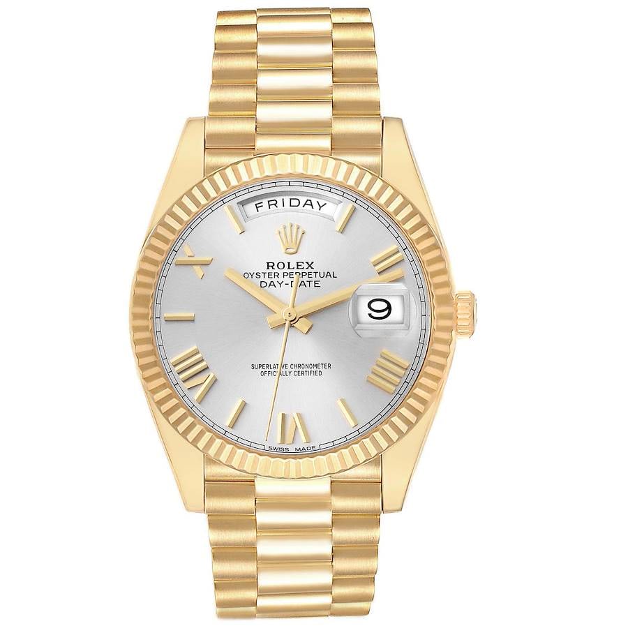 Rolex Day-Date 40 President 18k Yellow Gold White Roman Dial Ref 228238: Rolex Day-Date 40 President 18k Yellow Gold White Roman Dial Ref 228238 Experience luxury with the Rolex Day-Date 40, featuring a striking White Bevelled Roman dial. This exquisite timepiece boasts a