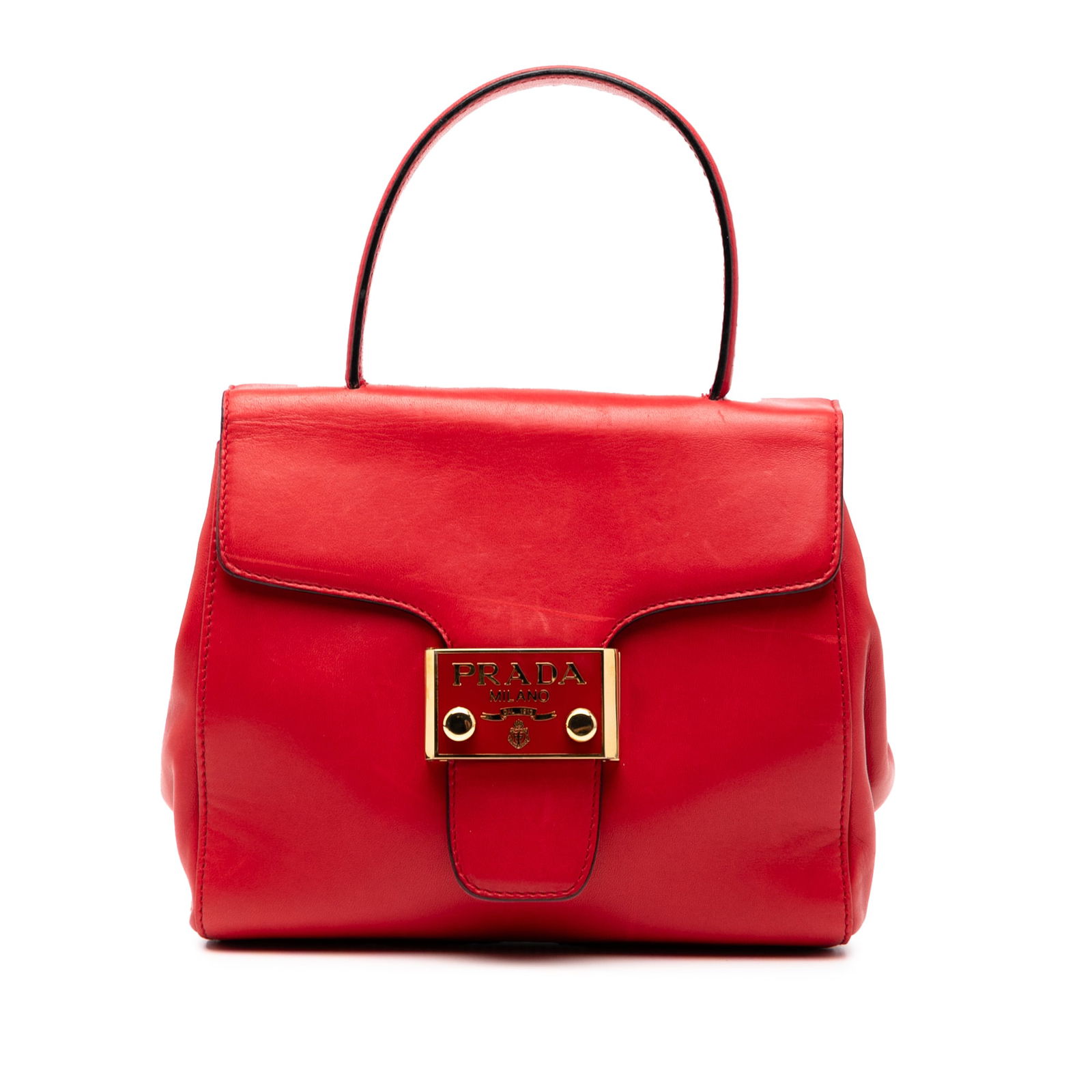 Prada Vitello Lux Embleme Red Leather Top Handle Bag: Prada Vitello Lux Embleme Red Leather Top Handle Bag Introducing the Prada Vitello Lux Embleme Top Handle Bag, a sophisticated accessory crafted from premium leather. This stylish handbag features a f