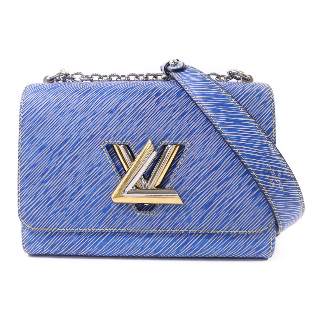 LOUIS VUITTON Twist MM Epi Blue Shoulder Bag M50271: LOUIS VUITTON Twist MM Epi Blue Shoulder Bag M50271 Introducing the LOUIS VUITTON Twist MM Shoulder Bag, a stylish accessory crafted from high-quality calfskin leather. This bag features a stunning bl