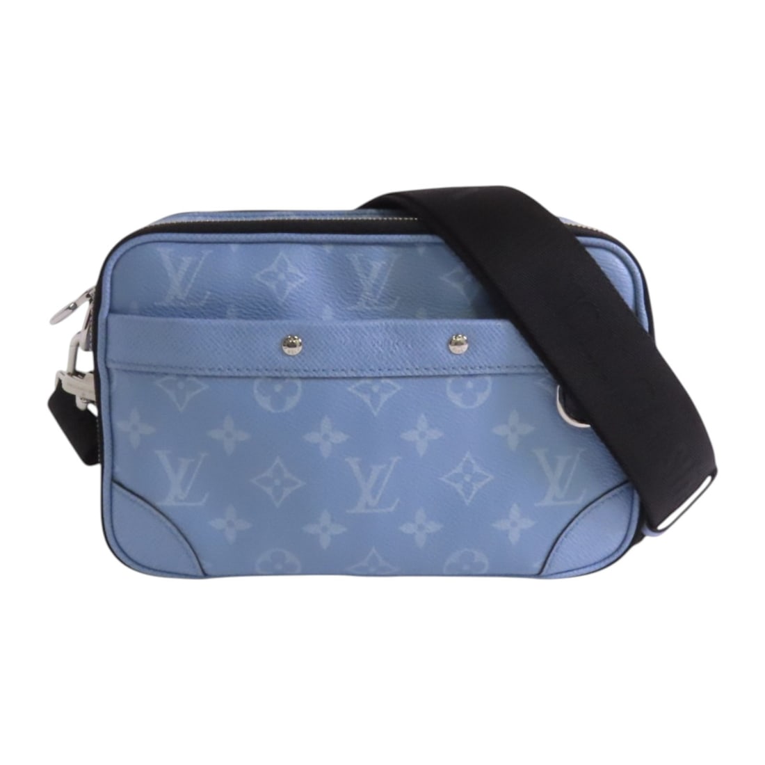 LOUIS VUITTON Monogram Blue Alpha Shoulder Bag M14073 SHW: LOUIS VUITTON Monogram Blue Alpha Shoulder Bag M14073 SHW This stylish LOUIS VUITTON Alpha Shoulder Bag showcases a vibrant blue hue, crafted from durable PVC coated canvas. It combines functionality