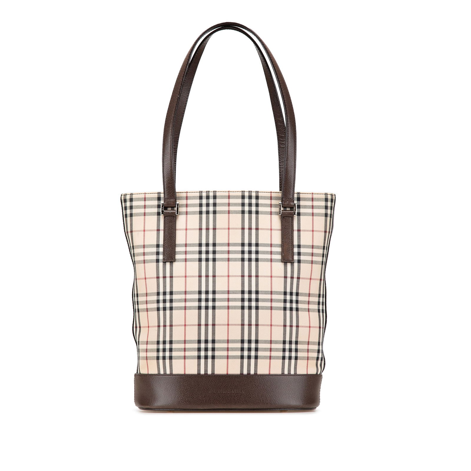 Burberry House Check Canvas Tote Brown Fabric with Leather Trim: Burberry House Check Canvas Tote Brown Fabric with Leather Trim This Burberry House Check Canvas Tote is designed for both style and practicality. Featuring a durable canvas body accented with leather