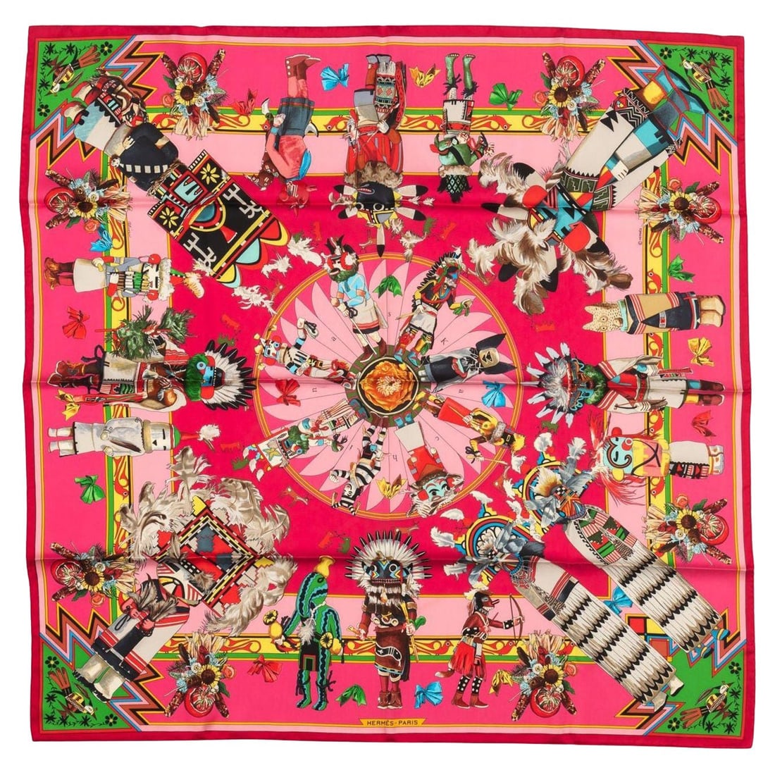 Hermes Kachinas Silk Scarf by Kermit Oliver 35x35 in Pink: Hermes Kachinas Silk Scarf by Kermit Oliver 35x35 in Pink This exquisite Hermes Kachinas silk scarf features a stunning pink design created by renowned artist Kermit Oliver. Measuring 35 in x 35 in (8