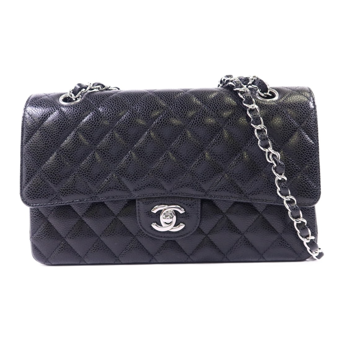 CHANEL Classic 25 Black Calfskin Leather Shoulder Bag with Silver Hardware: CHANEL Classic 25 Black Calfskin Leather Shoulder Bag with Silver Hardware This CHANEL Classic 25 Chain Shoulder Bag is a timeless accessory crafted from luxurious black calfskin leather. The bag feat
