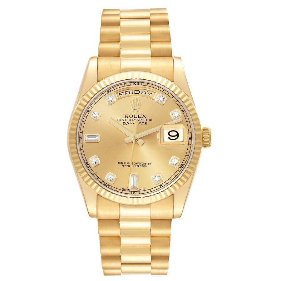 Rolex Day-Date 118238 Gold Diamond Dial President Bracelet 2012 Card: Rolex Day-Date 118238 Gold Diamond Dial President Bracelet 2012 Card Experience the elegance of the Rolex Day-Date, featuring a stunning gold diamond dial that exudes luxury. This exquisite timepiece
