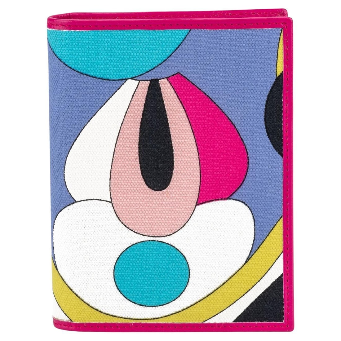 Emilio Pucci Fuchsia Leather Wallet with Multicolor Print: Emilio Pucci Fuchsia Leather Wallet with Multicolor Print Introducing the Emilio Pucci New Fuchsia Print Wallet, a stylish accessory characterized by its vibrant fuchsia leather and multicolor print.
