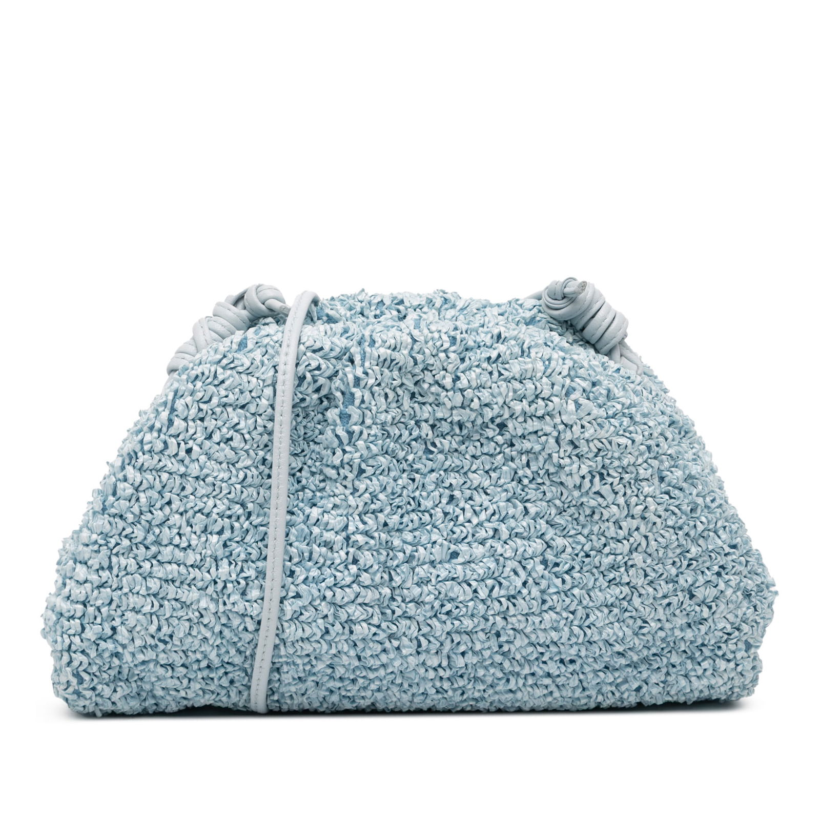 Bottega Veneta Mini Pouch Crossbody Blue Raffia Bag: Bottega Veneta Mini Pouch Crossbody Blue Raffia Bag Introducing the Bottega Veneta Boucle Curly Raffia The Mini Pouch Crossbody, a stunning accessory crafted from natural raffia material. This stylish