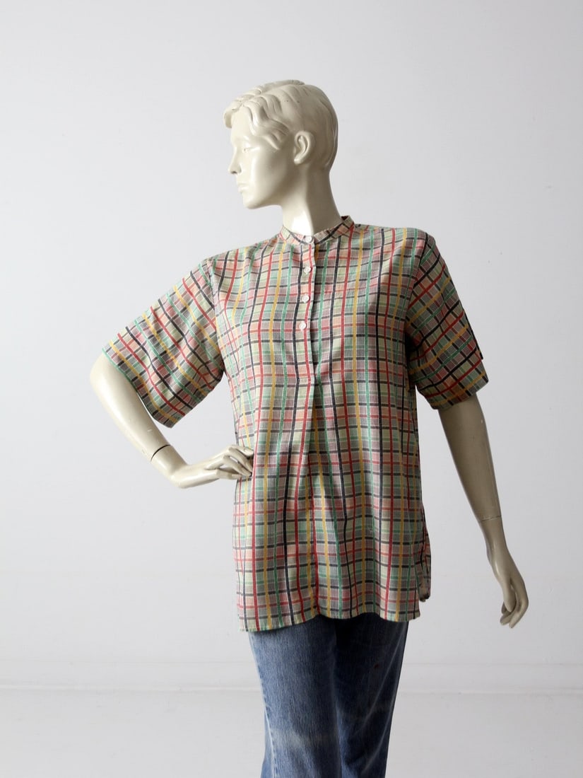 1960s Vintage Plaid Henley Shirt Lightweight Cotton (1 of 7)