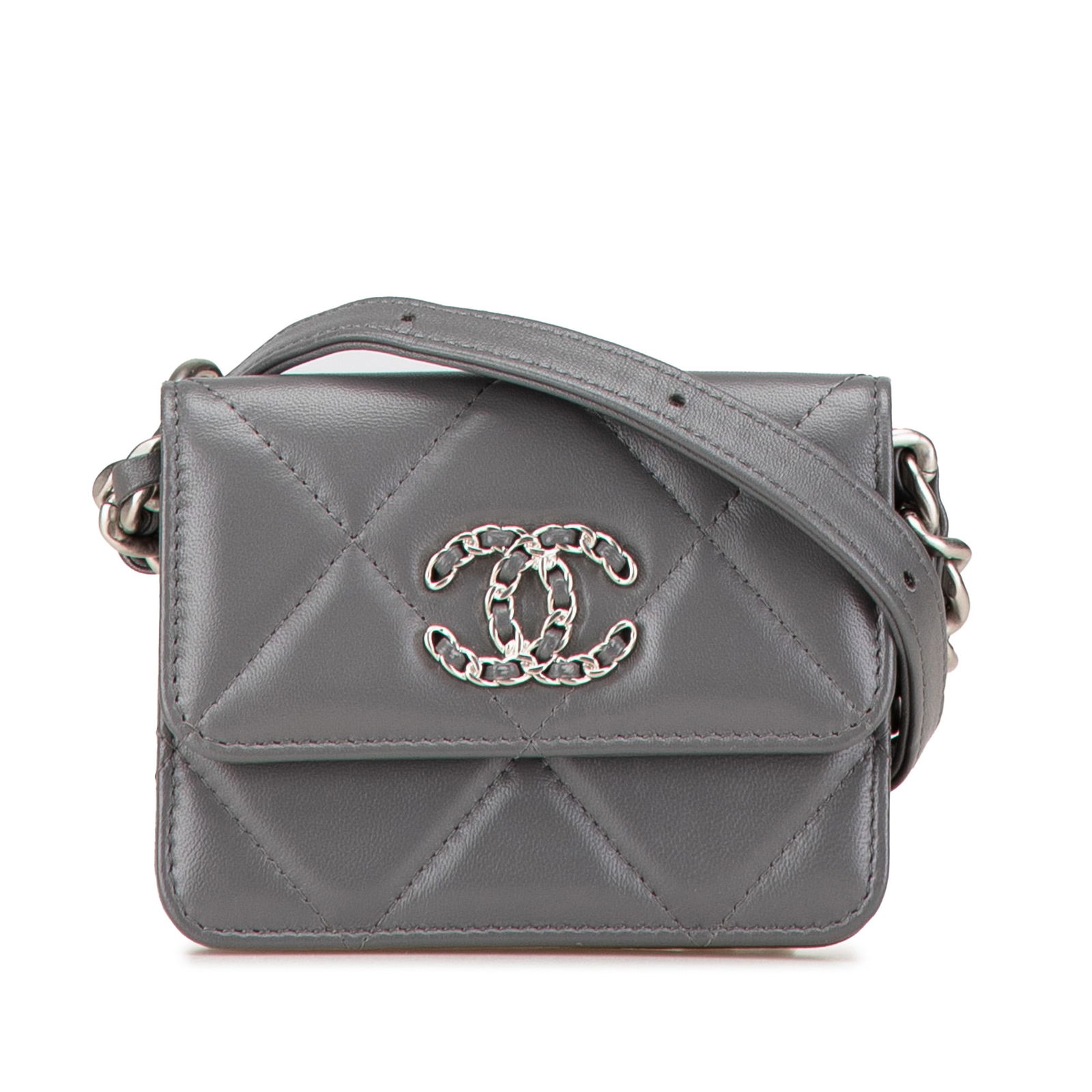 Chanel Gray Lambskin 19 Flap Coin Purse with Chain: Chanel Gray Lambskin 19 Flap Coin Purse with Chain This stylish Chanel Lambskin 19 Flap Coin Purse is crafted from luxurious quilted lambskin leather, featuring a chic leather-woven chain strap with