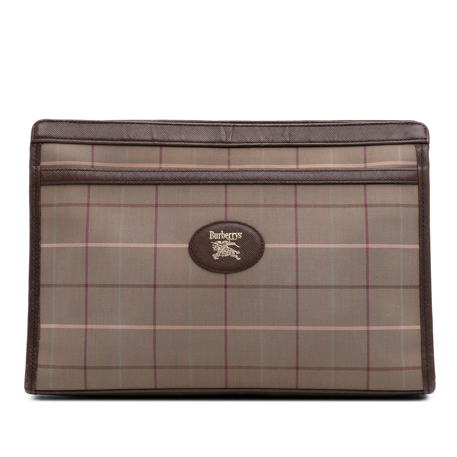 Burberry Vintage Check Canvas Clutch Bag with Zip Pockets: Burberry Vintage Check Canvas Clutch Bag with Zip Pockets Elevate your accessory game with this Burberry Vintage Check Canvas Clutch. Crafted from durable canvas, this stylish clutch features a top zi