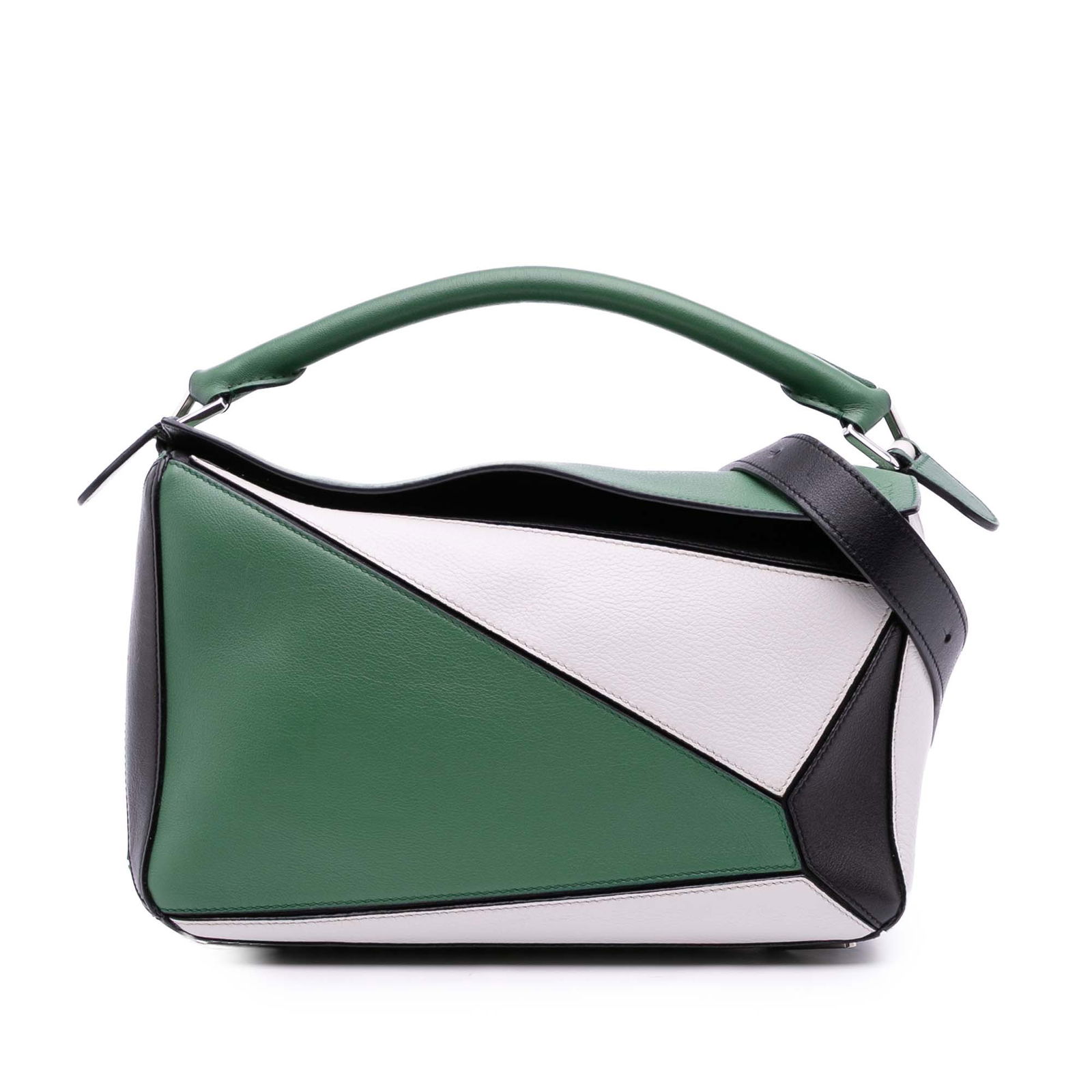 LOEWE Medium Tricolor Calfskin Puzzle Satchel Green Leather Bag: LOEWE Medium Tricolor Calfskin Puzzle Satchel Green Leather Bag Introducing the LOEWE Medium Tricolor Calfskin Puzzle Satchel, a stylish and functional addition to your collection. This exquisite bag