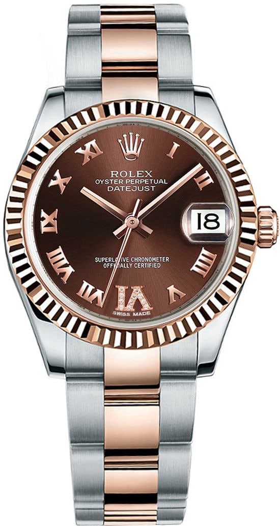Rolex Datejust 178271 Ladies Chocolate Roman Dial Oyster Bracelet 2014: Rolex Datejust 178271 Ladies Chocolate Roman Dial Oyster Bracelet 2014 This stunning ladies' Rolex Datejust features a luxurious chocolate Roman dial, set within a classic 31mm Oyster case. Crafted fr