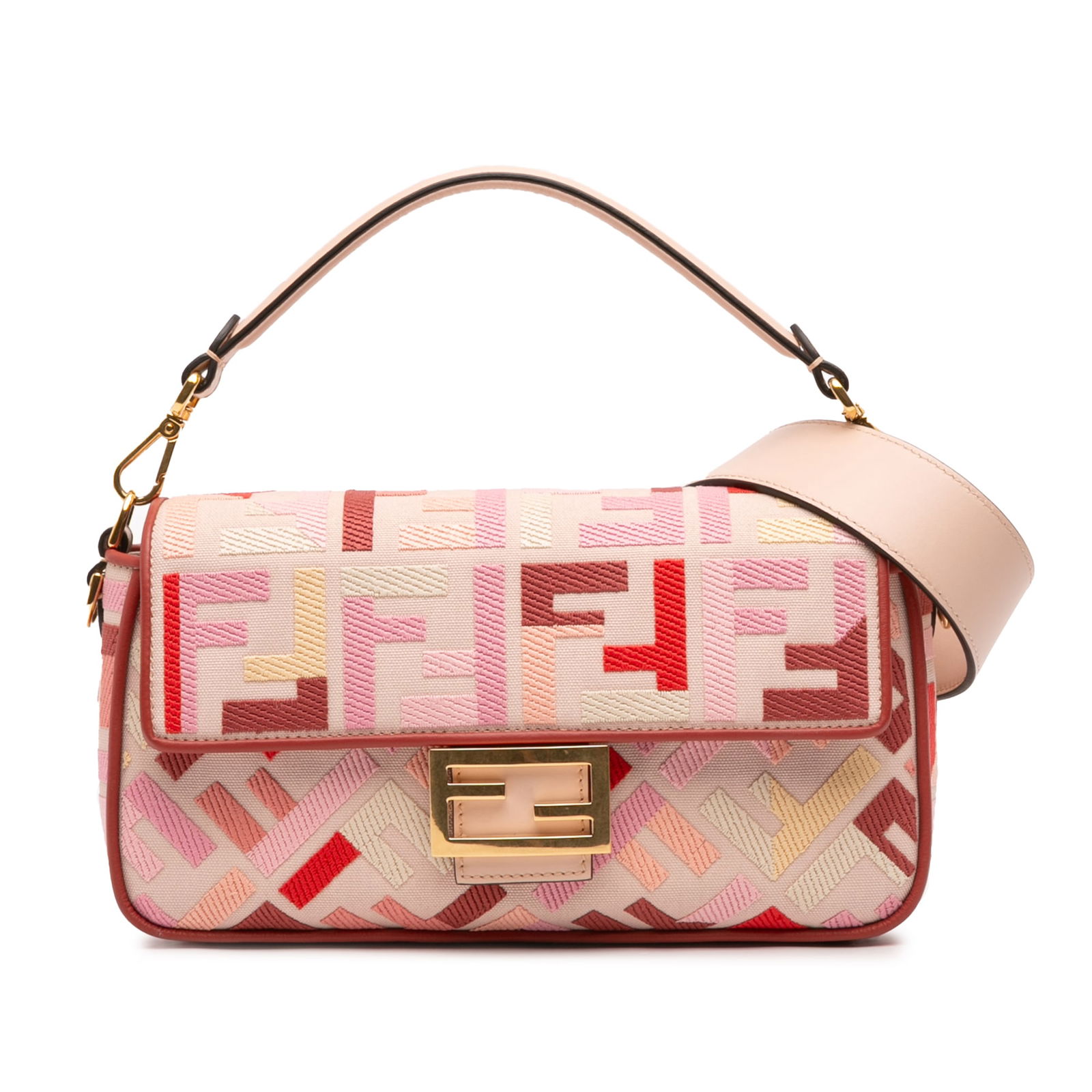 Fendi Zucca Embroidered Canvas Baguette Satchel Pink Italy: Fendi Zucca Embroidered Canvas Baguette Satchel Pink Italy This stunning Fendi Zucca Embroidered Canvas Baguette Satchel showcases an elegant embroidered canvas body accentuated with leather trim. It