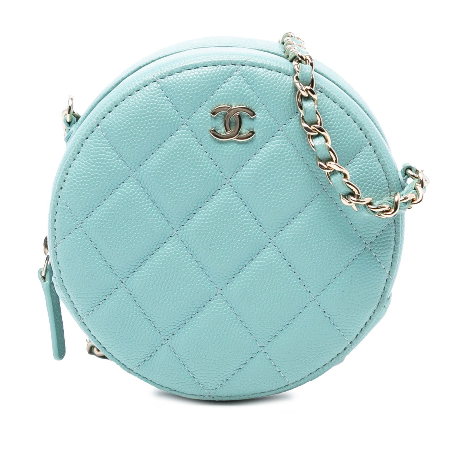 Chanel CC Quilted Caviar Round Clutch Blue Leather Crossbody Bag: Chanel CC Quilted Caviar Round Clutch Blue Leather Crossbody Bag Introducing the Chanel CC Quilted Caviar Round Clutch With Chain, a stunning crossbody bag crafted from luxurious quilted caviar leathe