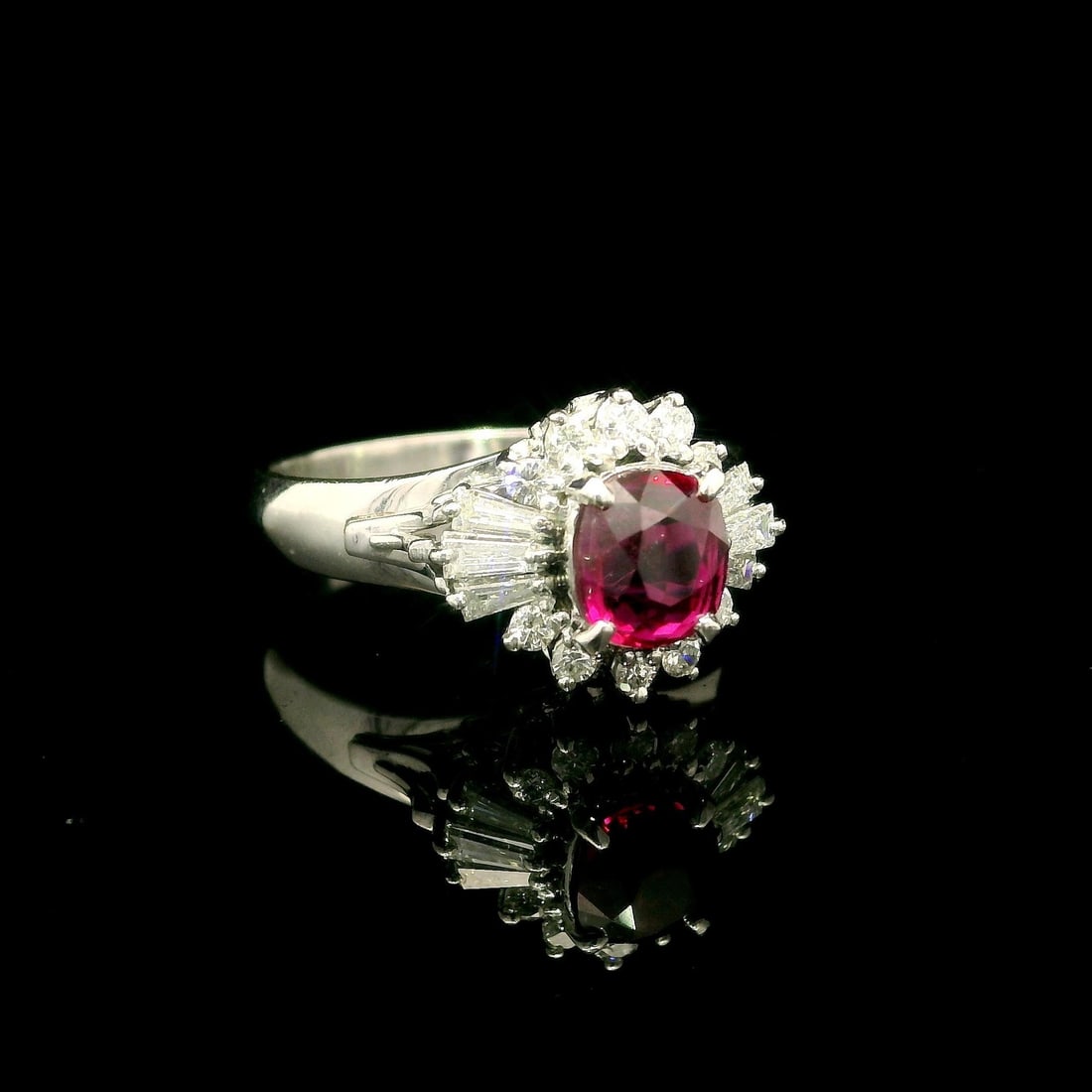 Vintage Platinum GIA Certified 1.37ct No Heat Ruby Diamond Ballerina Ring: Vintage Platinum GIA Certified 1.37ct No Heat Ruby Diamond Ballerina Ring This exquisite vintage mini ballerina ring features a stunning natural cushion-cut ruby, weighing exactly 1.0 carat, prong set