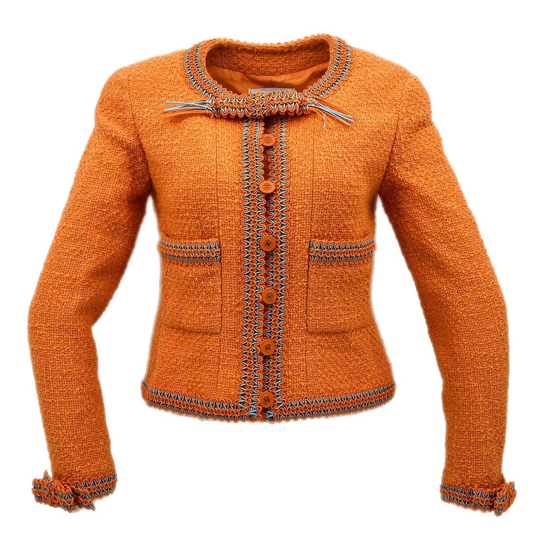 Chanel Vintage Collarless Jacket Orange 94P Size 38: Chanel Vintage Collarless Jacket Orange 94P Size 38 This stunning Chanel collarless jacket is perfect for casual occasions. Crafted from a high-quality blend of 98% wool and 2% nylon, it offers a luxu