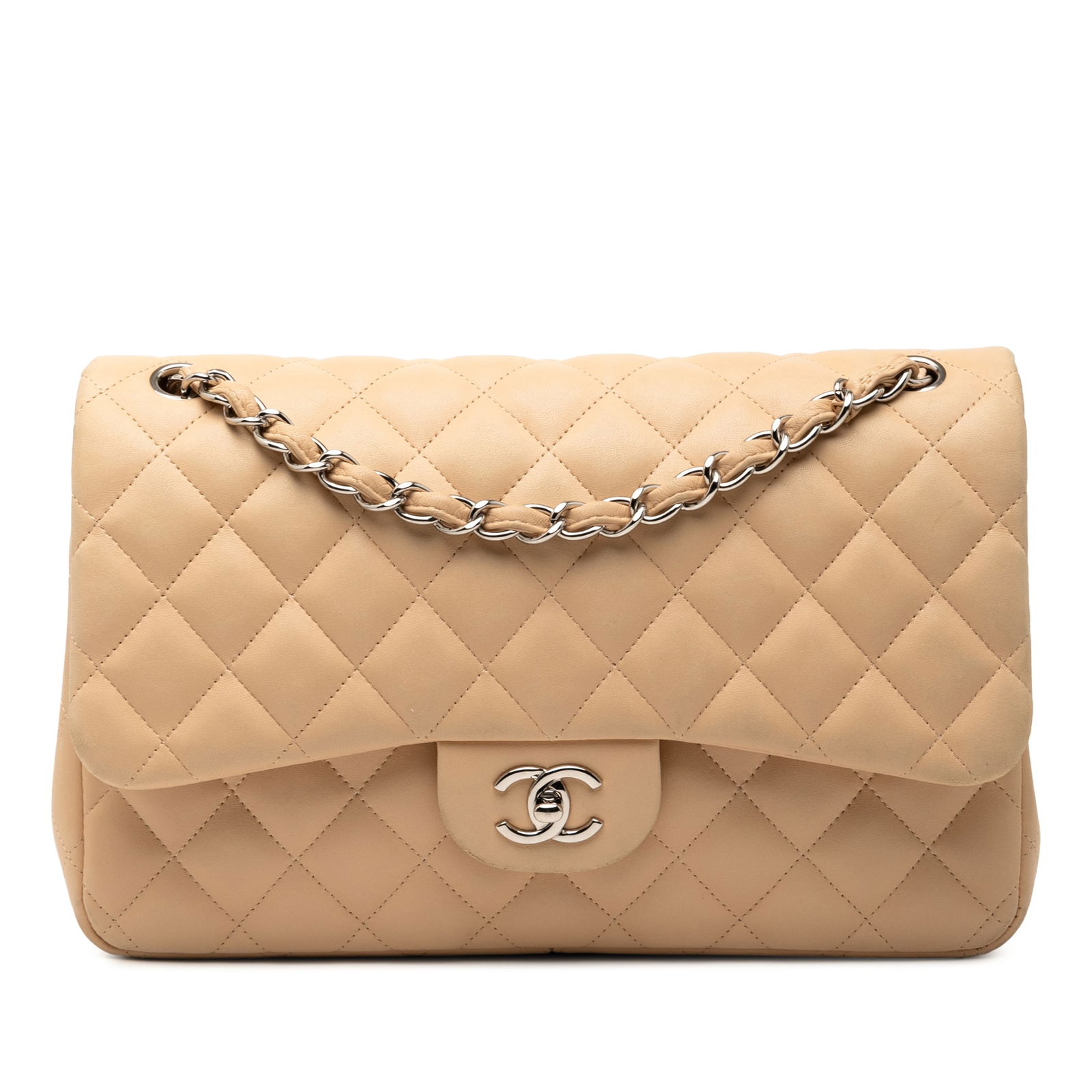 Chanel Jumbo Classic Double Flap Brown Lambskin Bag: Chanel Jumbo Classic Double Flap Brown Lambskin Bag The Chanel Jumbo Classic Lambskin Double Flap is an iconic handbag crafted from luxurious lambskin leather. It features elegant chain straps, a fron