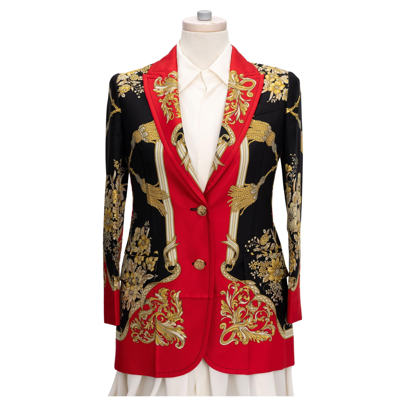 Gucci Floral Tassel Silk Twill Blazer Italian 36 with Tag: Gucci Floral Tassel Silk Twill Blazer Italian 36 with Tag Elevate your wardrobe with this exquisite Gucci Silk Twill Blazer, crafted in Italy and featuring a stunning floral tassel design. This blazer